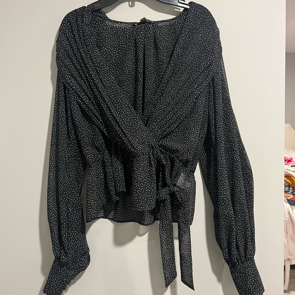 Express Black and White Dotted Wrap Blouse